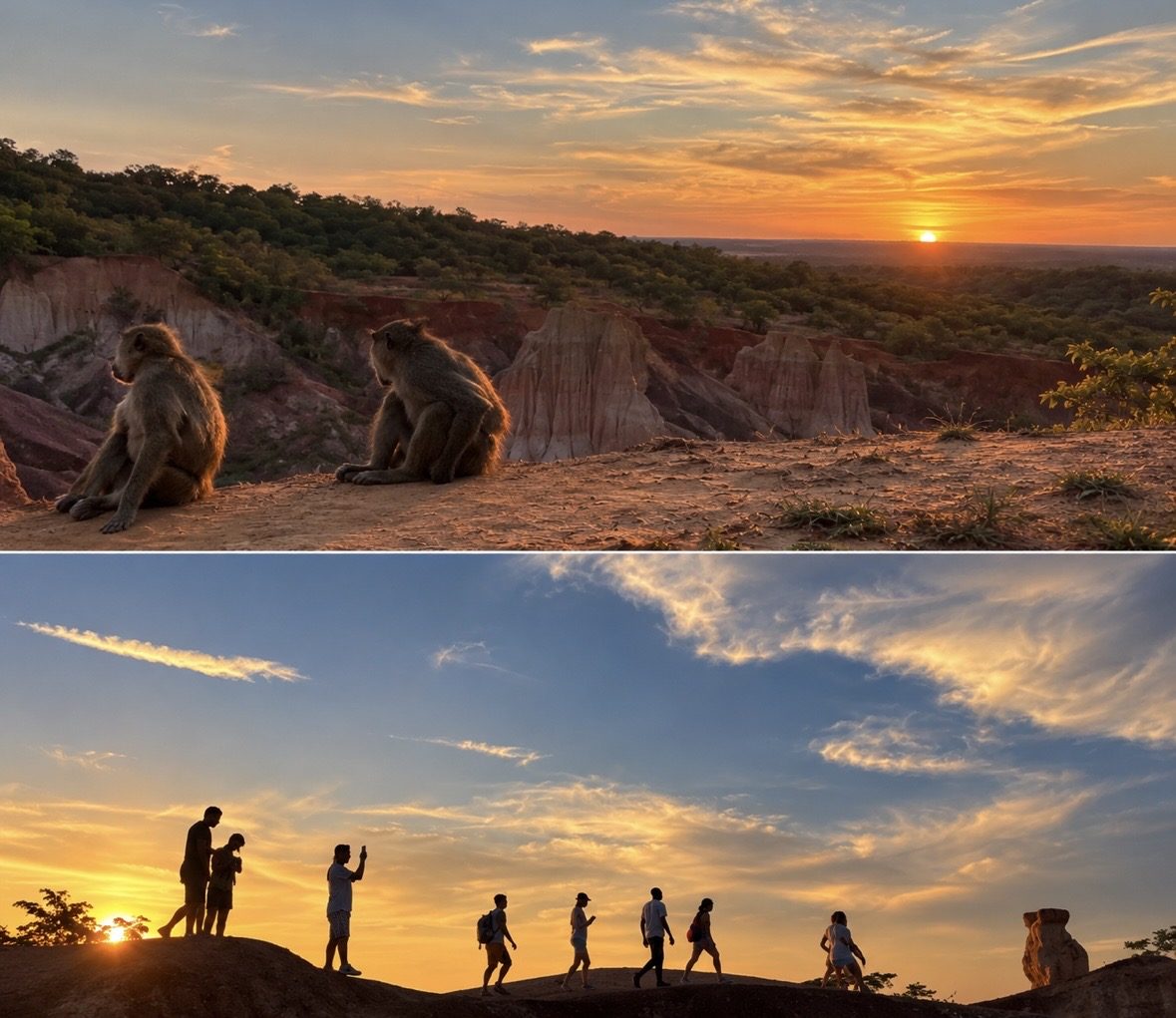 Canyon bei Sonnenuntergang mit Pavianen